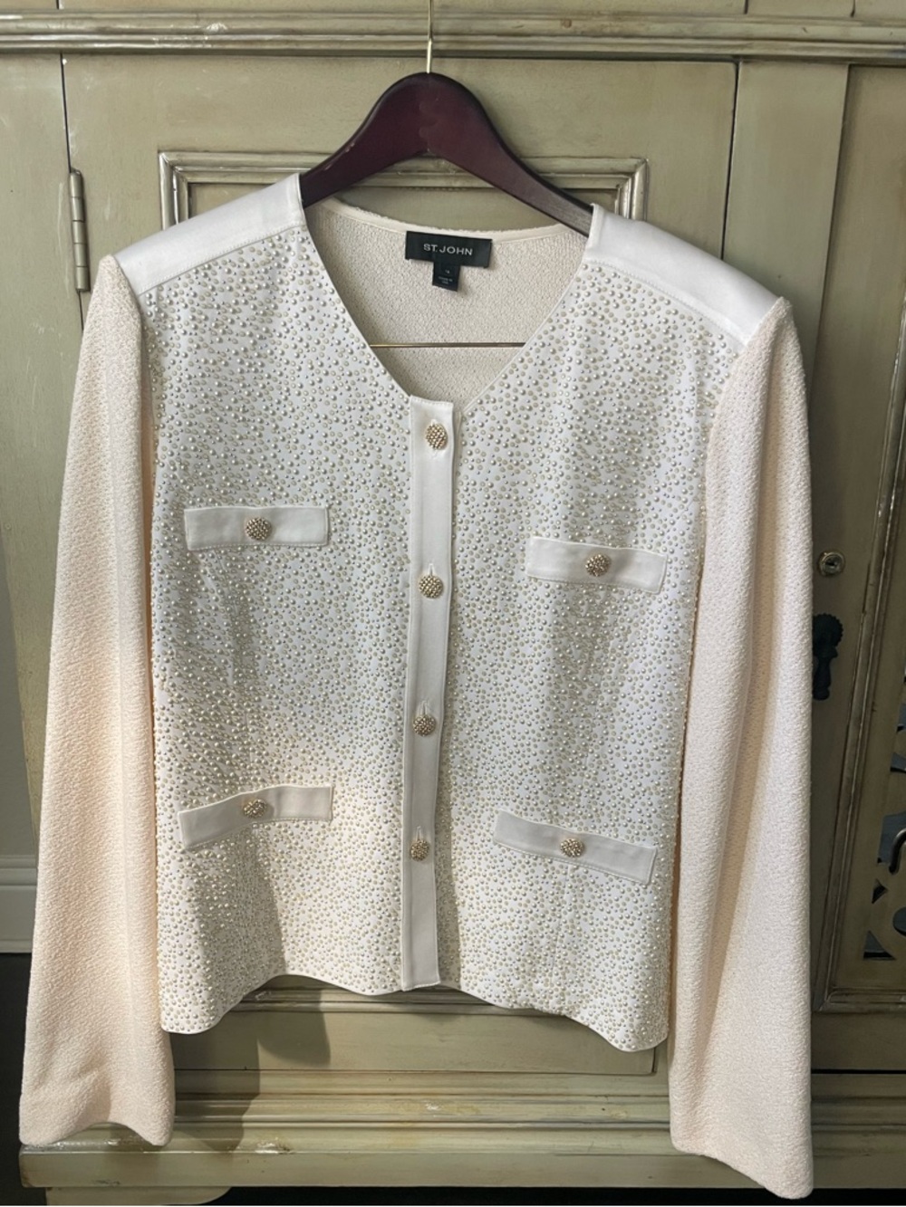 St. John Cream Beaded Knit Cardigan with Gold Buttons